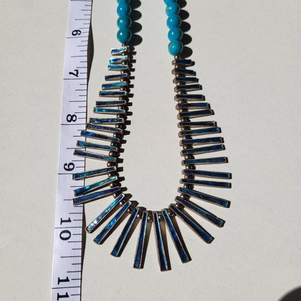 vintage Artisan Statement Turquoise Abalone Inlay Bib Necklace Blue Southwest - Picture 11 of 11